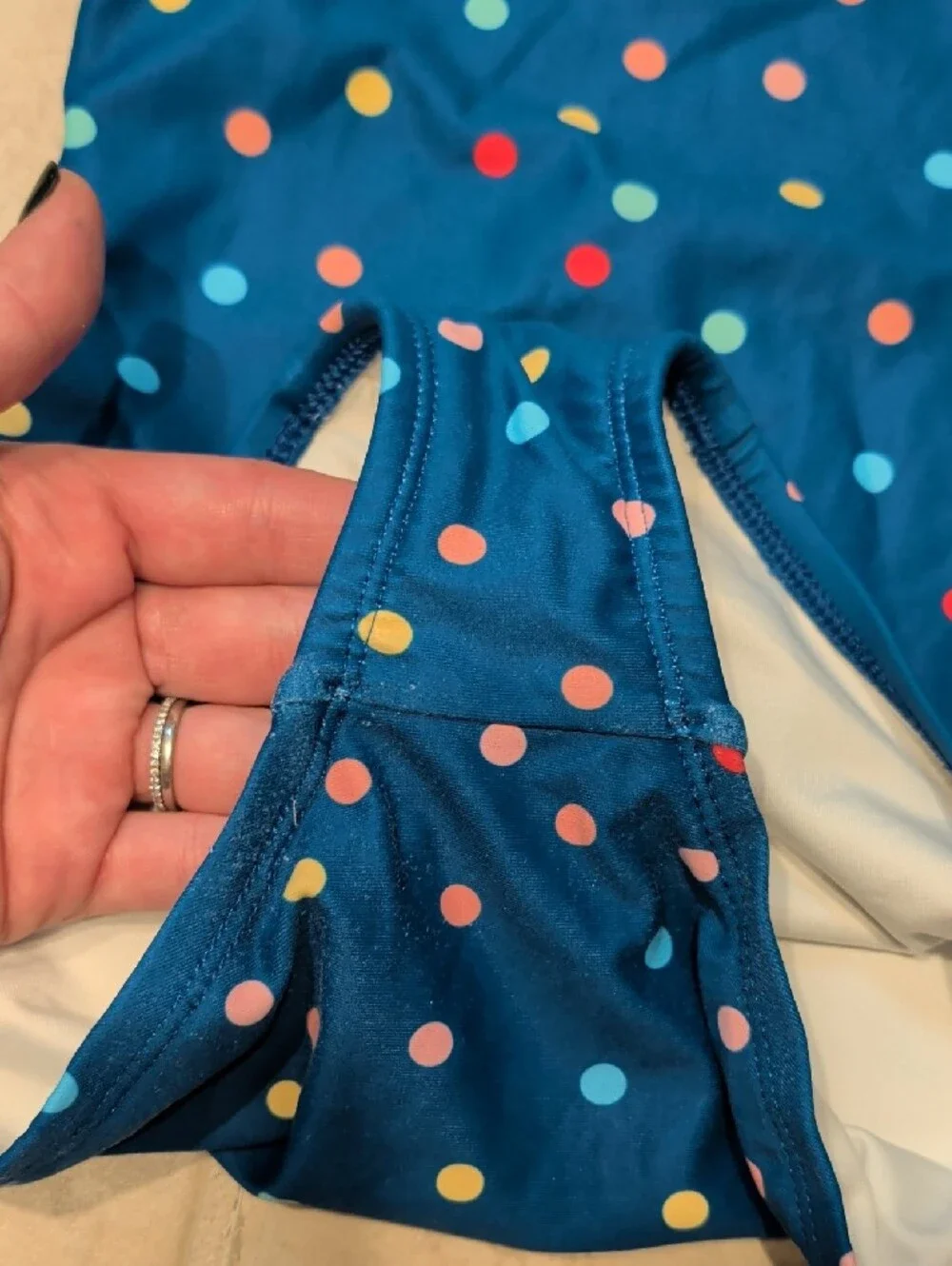 Hanna Andersson Navy Colorful Polka Dot One-Piece Swimsuit with Tie Straps